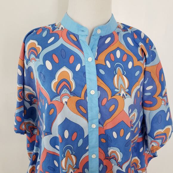 J. McLaughlin Button Front Poncho Printed Blue Orange Boxy Relaxed Women XS - Picture 4 of 10